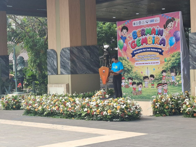 Sambutan Ketua Perlindungan Anak Indonesia, Kak Seto dalam acara peringatan Hari Anak Nasional 2026 di Balai Kota DKI Jakarta, Senin (20/7). Foto: Pradya Tirta/kumparan