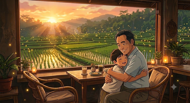 Ilustrasi ini menggambarkan seorang ayah dan anak yang sedang berpelukan di sebuah kafe sambil menikmati pemandangan sawah dan cahaya kunang-kunang yang menciptakan suasana hangat dan damai.