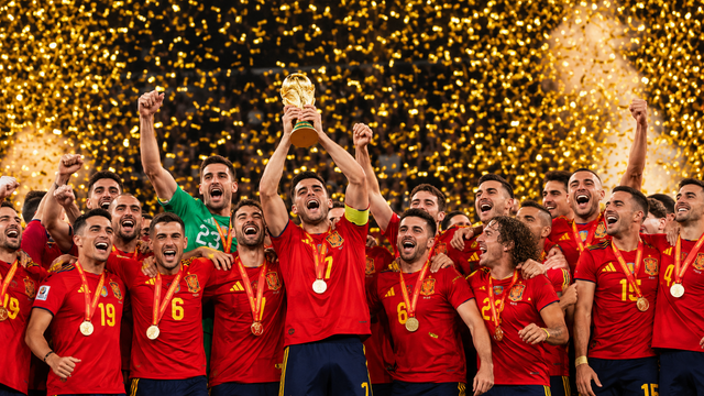 Perayaan gelar juara Piala Dunia dengan penuh sukacita di tengah hujan konfeti emas. (Ilustrasi AI)
