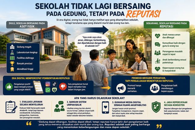 Ilustrasi: Pergeseran persaingan sekolah di era digital. Orang tua tidak lagi hanya mempertimbangkan fasilitas fisik, tetapi juga reputasi yang dibangun melalui kualitas layanan, pengalaman belajar, serta kepercayaan masyarakat.