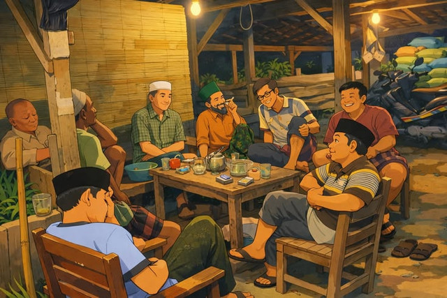 (Gambar visual kartun lagu minum kopi depan teras) (pinterest: Psotingan Rekan Tani)