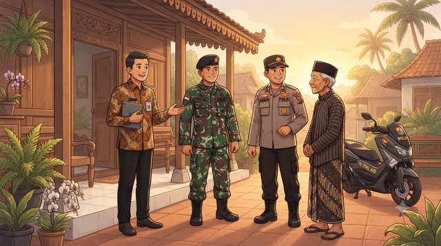 Sinergi dan kolaborasi di tingkat akar rumput: Petugas pajak bersama aparat kewilayahan bersilaturahmi dan berdiskusi hangat dengan warga desa, mencerminkan pendekatan pelayanan yang humanis, solutif, dan penuh kekeluargaan. Ilustrasi: Gemini AI