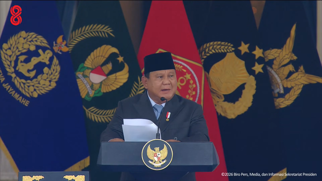 Presiden Prabowo Subianto berpidato dalam Upacara Prasetya Perwira (Praspa) di Istana Merdeka, Jakarta, Rabu (22/7/2026). Foto: YouTube/ Sekretariat Presiden