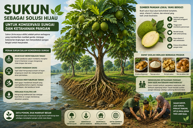 Ilustrasi Sukun sebagai Solusi Hijau untuk Konservasi Sungai dan Ketahanan Pangan (Sumber Gambar: AI Image Generator)
