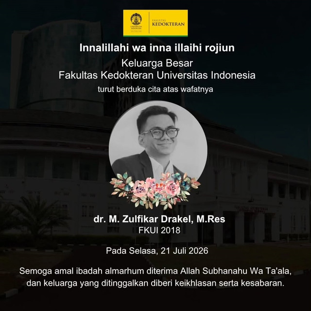 Dokter muda Zulfikar Drakel yang ditemukan meninggal dunia di kosnya di Jalan Imam Bonjol, Kecamatan Metro Pusat, Kota Metro, Selasa (21/7/2026). Foto: Instagram/@medicine_ui