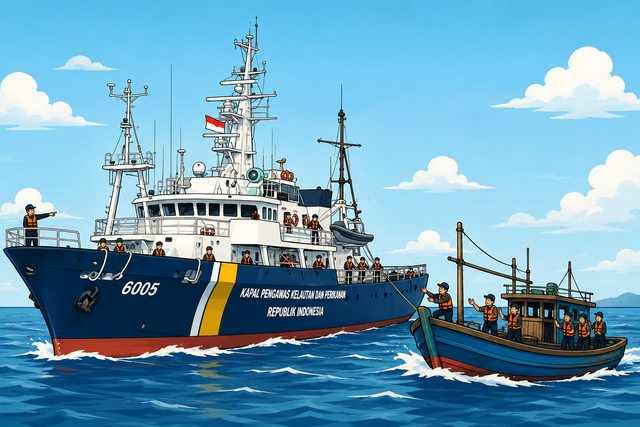 Ilustrasi pertolongan terhadap kapal nelayan (Gambar: Moh Nur Nawawi)