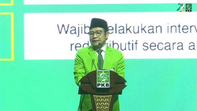 Ketua Umum Partai Kebangkitan Bangsa (PKB) memberikan sambutan saat menghadiri Puncak Harlah PKB ke-28 di JCC, Senayan, Jakarta, Kamis (23/7/2026). Foto: Youtube/ DPP PKB