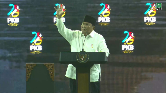 Presiden Prabowo Subianto memberikan sambutan saat menghadiri Puncak Harlah PKB ke-28 di JCC, Senayan, Jakarta, Kamis (23/7/2026). Foto: Youtube/ DPP PKB