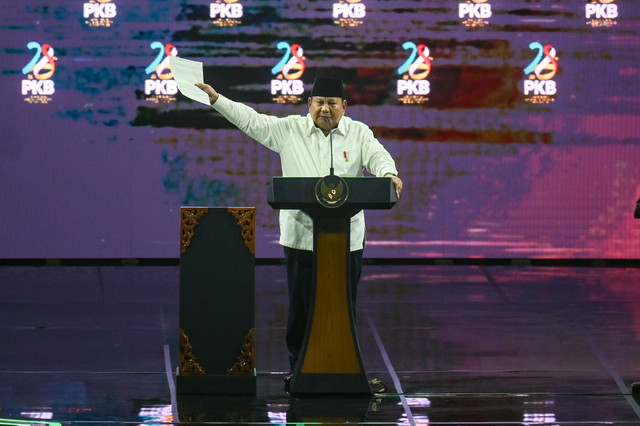 Presiden Prabowo Subianto memberikan pidato saat menghadiri peringatan Harlah ke-28 PKB di Jakarta, Kamis (23/7/2026). Foto: Hafidz Mubarak A/ANTARA FOTO