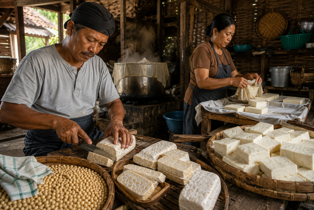 Ilustrasi Perajin Tempe dan Tahu Tradisional. Foto: Generated by AI