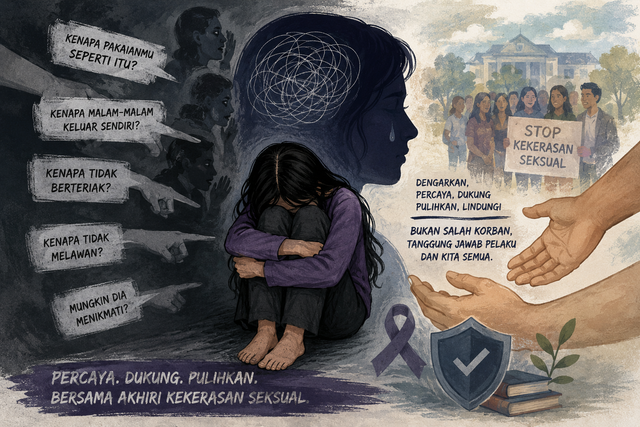 Ilustrasi Victim Blaming dalam Kekerasan Seksual (Gambar dibuat menggunakan AI)