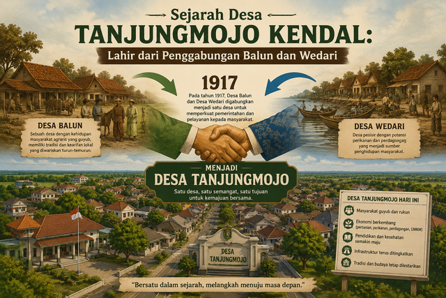 Ilustrasi Sejarah Desa Tanjungmojo Kendal: Lahir dari Penggabungan Balun dan Wedari (Sumber Gambar: AI Image Generator)