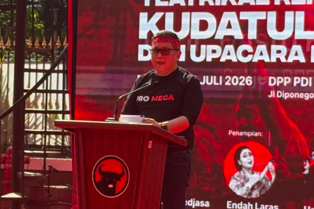 Sekjen PDIP Hasto Kristiyanto saat acara teatrikal peristiwa Kudatuli di Kantor DPP PDIP, Menteng, Jakarta Pusat, Minggu (26/7/2026). Foto: Nasywa Athifah/kumparan