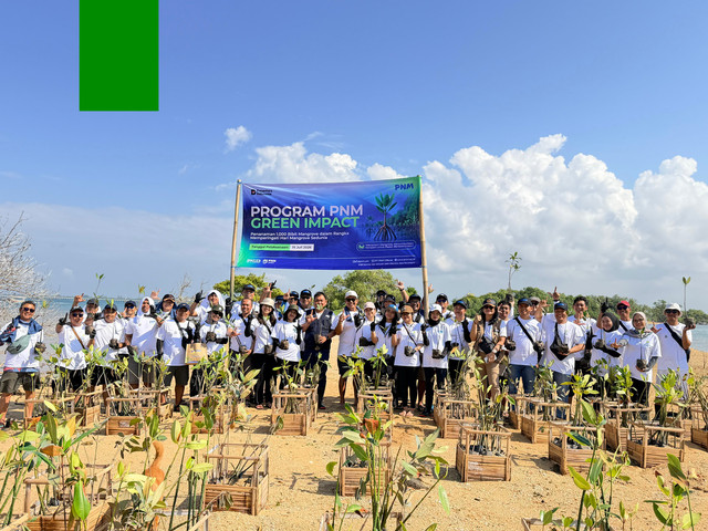 PNM peringati Hari Mangrove Sedunia melalui penanaman 22.000 pohon mangrove di 18 titik kawasan pesisir di Indonesia melalui program PNM Green Impact. Foto: Dok. PNM
