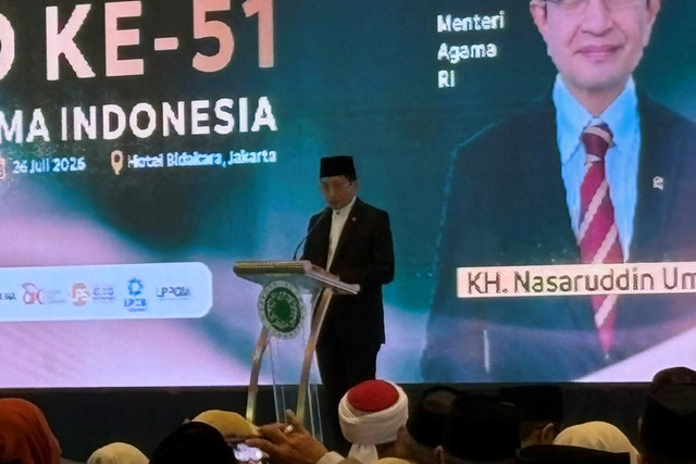 Menteri Agama Nasaruddin Umar menghadiri Kongres Umat Islam Indonesia VIII "Umat Bersatu, Bangsa Berdaulat, Negara Kuat" oleh Majelis Ulama Indonesia (MUI) di kawasan Jakarta Selatan, Minggu (26/7/2026). Foto: Nasywa Athifah/kumparan