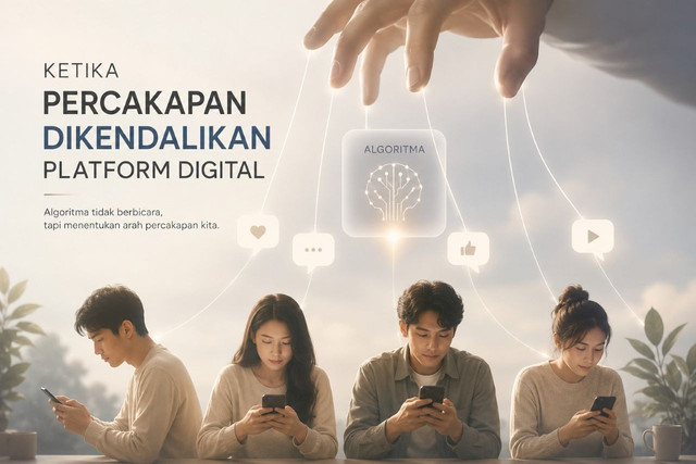 Ilustrasi algoritma media sosial memengaruhi percakapan digital.