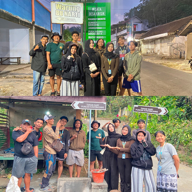 Mahasiswa Kelompok 57 KKN FISIP Bakti Desa Arcapada (FBD) 2026 Universitas Brawijaya bersama Pokdarwis dan Karang Taruna Desa Krisik memasang papan penunjuk arah menuju destinasi wisata Desa Krisik.