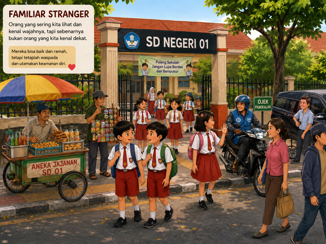 Orang yang sering anak lihat dan kenali wajahnya, tapi sebenarnya bukan orang yang anak kenal dekat. Sumber: Image generated using the prompt "ilustrasi familiar stranger pada setting SD di Indonesia." by ChatGPT 5o, 2026 (https://chatgpt.com/).