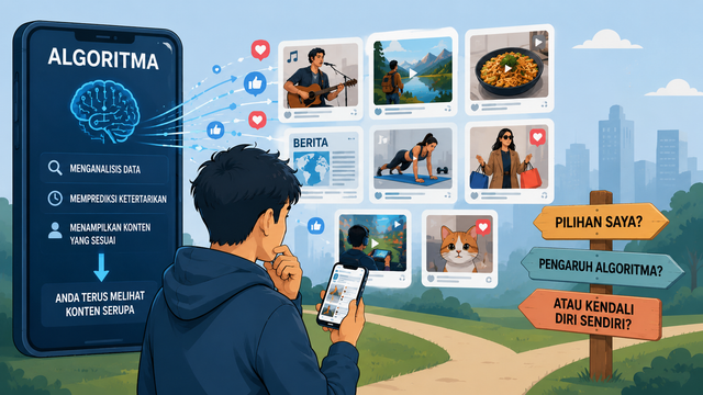 Ilustrasi Algoritma Media Sosial dan Pilihan Pengguna (Sumber: Ai Generated)