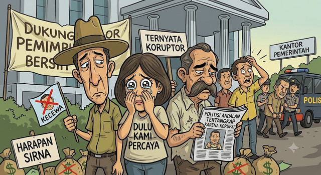 Ilustrasi pendukung yang kecewa karena politisi idolanya terjerat korupsi (Ilustrasi oleh AI/Gemini)