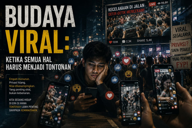 Ilustrasi: Budaya viral di era digital menghadirkan dilema antara kebebasan berbagi informasi, penghormatan terhadap privasi, dan lunturnya empati ketika setiap peristiwa berpotensi menjadi tontonan publik.