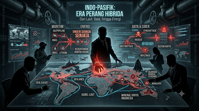 Gambar: Ilustrasi Indo-Pasifik Erang Perang Hibrida (Laut, Data, Hingga Energi). Sumber: Koleksi Penulis