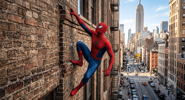 Superhero Spider-Man memanjat dinding. Sumber: Generate Gemini AI