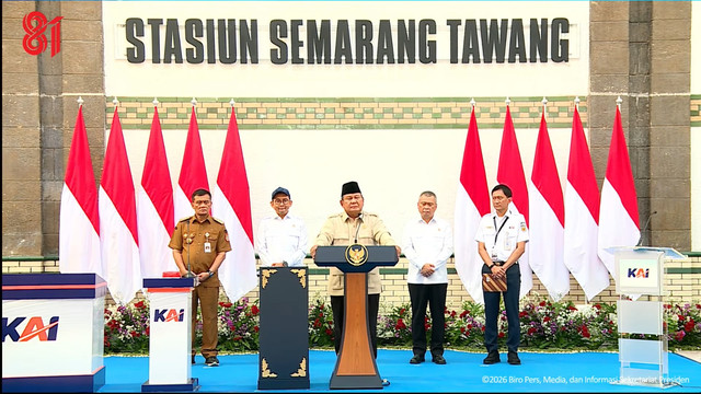 Presiden Prabowo Subianto memberikan sambutan saat menghadiri peresmian renovasi tahap pertama bangunan cagar budaya di Stasiun Semarang Tawang, Jawa Tengah, Kamis (30/7/2026). Foto: YouTube/ Sekretariat Presiden