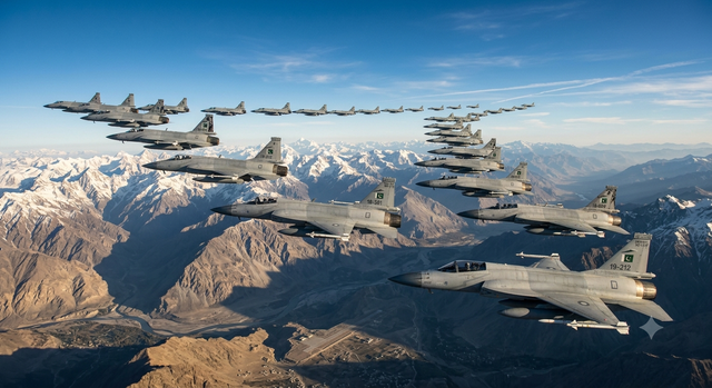 Gambar pesawat jet tempur JF-17 Thunder buatan Pakistan kerjasama dengan China, terbang menjaga langit Pakistan. Sumber gambar: gambar buatan AI 