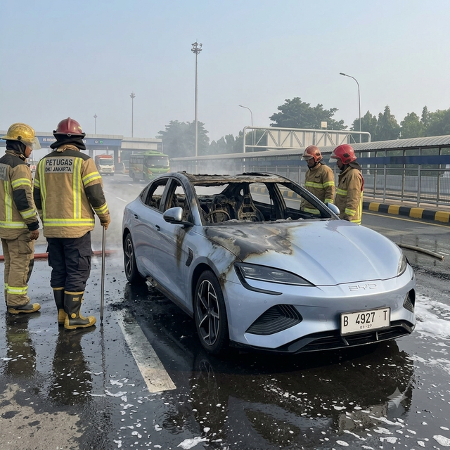 Ilustrasi visual mobil listrik BYD Seal yang terbakar di ruas tol Jakarta-Cikampek, Jumat (31/7/2026). Foto: Olah visual Gemini AI