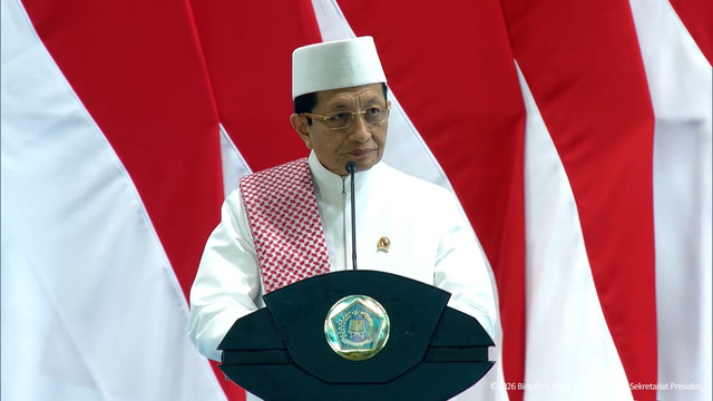 Menteri Agama Nasaruddin Umar memberikan sambutan saaat menghadiri Zikir dan Doa Kebangsaan dalam Rangka HUT ke-81 RI di kawasan Monas, Jakarta Pusat, Sabtu (1/8/2026). Foto: YouTube/ Sekretariat Presiden