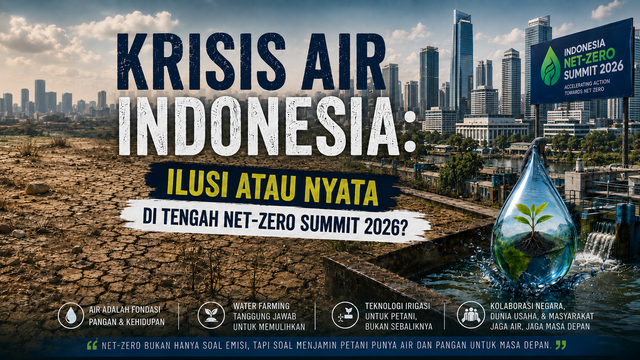 Ilustrasi krisis air Indonesia di tengah agenda Net-Zero Summit 2026. Air, pertanian, dan ketahanan pangan menjadi bagian penting dari transisi hijau. (Ilustrasi diolah dengan oleh penulis)