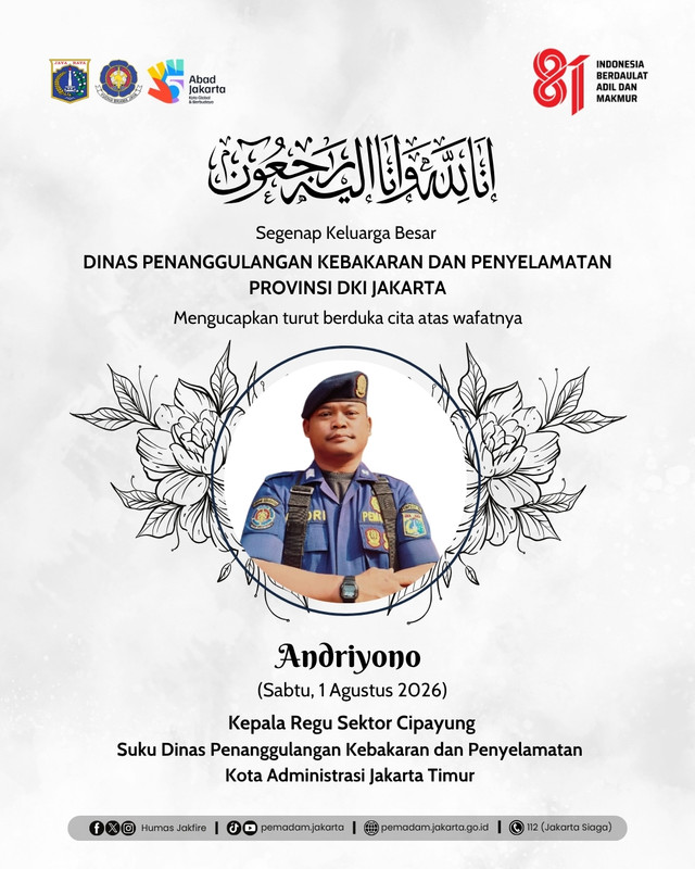 Andriyono, Kepala Regu Sektor Cipayung Suku Dinas Gulkarmat Kota Administrasi Jakarta Timur meninggal dunia pada Sabtu (1/8/2026). Foto: Instagram/ @humasjakfire