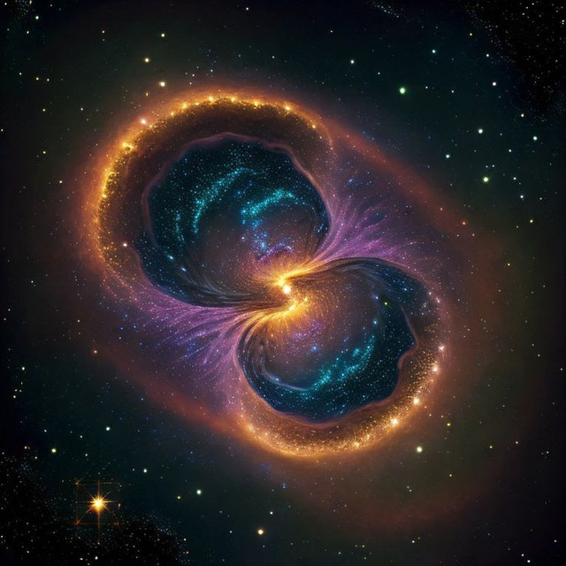 Illustrasi Artistik Gelombang Gravitasi dan Semburan Elektromagnetik dari Penggabungan Neutron (Gambar dibuat oleh Nano Banana AI) 