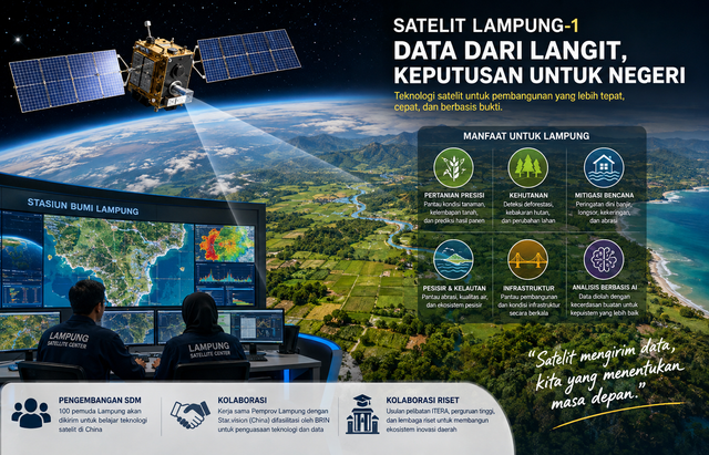 Satelit Lampung-1 dimanfaatkan sebagai fondasi pembangunan berbasis data (data-driven government). (Sumber Gambar: AI Generator)