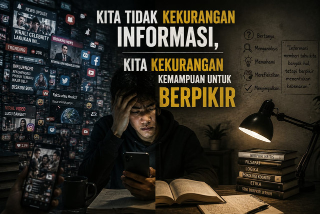 Ilustrasi: Arus informasi yang melimpah di era digital perlu diimbangi dengan kemampuan berpikir kritis agar masyarakat mampu membedakan fakta, opini, dan disinformasi.