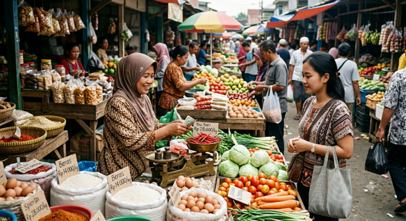 Gambar Ilustrasi Senyum Hangat dalam Transaksi Pasar Tradisional dengan Harga yang Stabil, Sumber Foto: AI Generated
