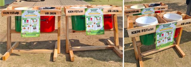Fasilitas Smart Eco Corner yang terdiri atas tempat sampah organik dan anorganik serta poster edukasi pemilahan sampah untuk mendukung budaya peduli lingkungan di SDN 03 Kranggan.