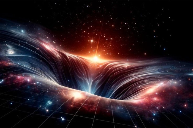 Illustrasi Artistik Gelombang Gravitasi Nanohertz dari Samudra Biner Lubang Hitam Supermasif (Gambar dibuat oleh Nano Banana AI) 