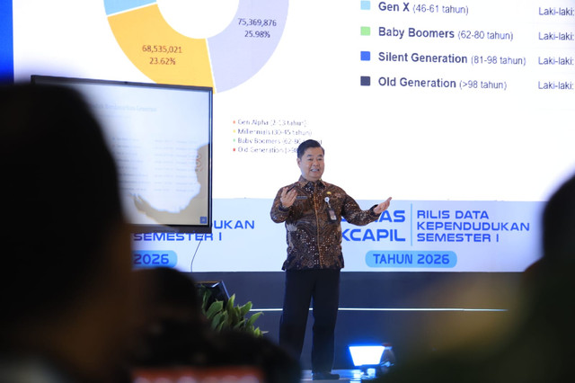 Ditjen Dukcapil Kemendagri Teguh Setyabudi bersama Ketua DEN Luhut Binsar Pandjaitan, saat Rakornas Dukcapil di Hotel Bidakara, Jakarta, Senin (3/8/2026). Foto: Ditjen Dukcapil Kemendagri