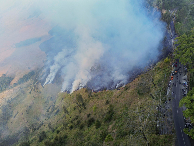 Foto udara sejumlah petugas berupaya memadamkan kebakaran hutan di Blok Bantengan, kawasan Taman Nasional Bromo Tengger Semeru (TNBTS), Kabupaten Probolinggo, Jawa Timur, Selasa (4/8/2026). Foto: Irfan Sumanjaya/ANTARA FOTO
