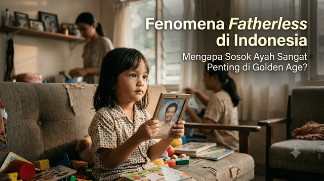 Ilustrasi anak usia dini holding a photoframe. Potret seorang anak perempuan yang duduk di sofa sambil memegang dan menatap bingkai foto berisi gambar seorang pria. Di belakangnya tampak figur orang dewasa yang buram di area ruang tamu yang hangat. (Foto: Ilustrasi/AI Generator)