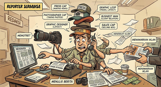 Wartawan denga banyak 'topi'. Sebuah ilustrasi komikal (Oleh AI/Gemini).