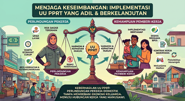 Ilustrasi mengenai hubungan kerja antara pekerja rumah tangga dan pemberi kerja sebagai representasi implementasi Undang-Undang Perlindungan Pekerja Rumah Tangga (UU PPRT) yang menekankan keseimbangan antara perlindungan hak pekerja dan kemampuan ekonomi pemberi kerja. Sumber: Ilustrasi dibuat menggunakan Google Gemini AI.