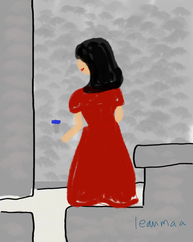 Wanita bergaun merah di tempat cuci. Gambar Pribadi.