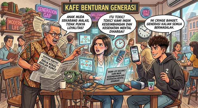 Ilustrasi benturan antar generasi. (Sumber: Gemini AI)