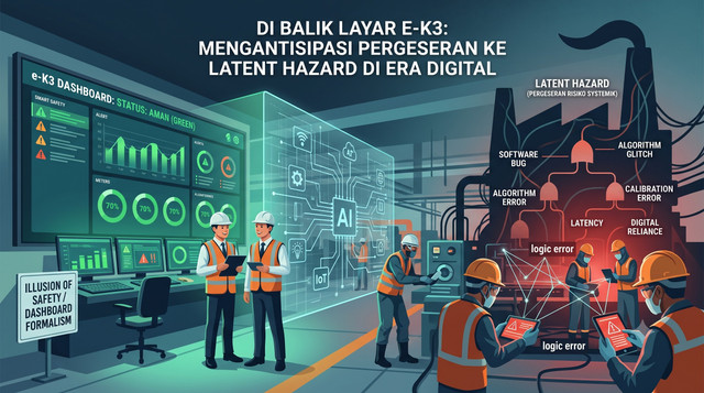 Ilustrasi pergeseran risiko K3 digital: dashboard e-K3 tampak aman, padahal latent hazard berupa kegagalan sistem dan glitch AI mengintai di balik layar.. Gambar dibuat menggunakan AI.