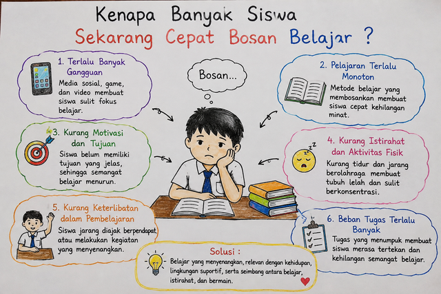 Gambar ini menunjukkan bahwa rasa bosan saat belajar tidak muncul begitu saja, tetapi dipengaruhi oleh berbagai faktor, seperti gangguan dari media digital, metode pembelajaran yang monoton, kurangnya motivasi, waktu istirahat yang tidak cukup, minimnya keterlibatan siswa dalam proses belajar, serta beban tugas yang berlebihan. Karena itu, pembelajaran perlu dibuat lebih menarik, interaktif, dan dekat dengan kehidupan sehari-hari agar siswa lebih semangat, mudah memahami materi, dan merasa nyaman selama mengikuti proses belajar.