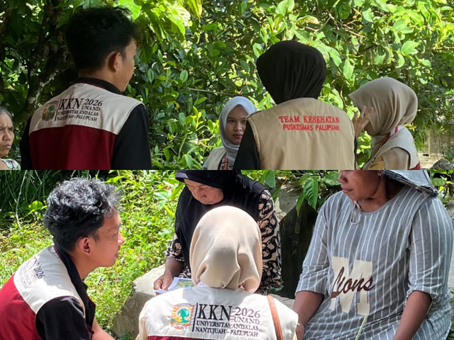 Mahasiswa Kesehatan KKN UNAND 2026 bersama Tim Kesehatan Puskesmas Palupuh saat menggelar sosialisasi TBC  dan pendampingan pengambilan sampel dahak di Nagari Nan Tujuah, Kabupaten Agam. Dok. Istimewa