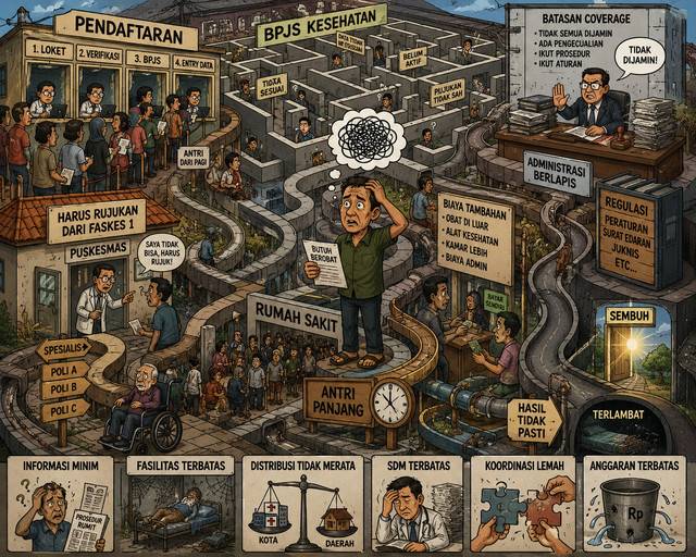 Ilustrasi Rumitnya Sistem Layanan Kesehatan. (Gambar dibuat dengan AI)